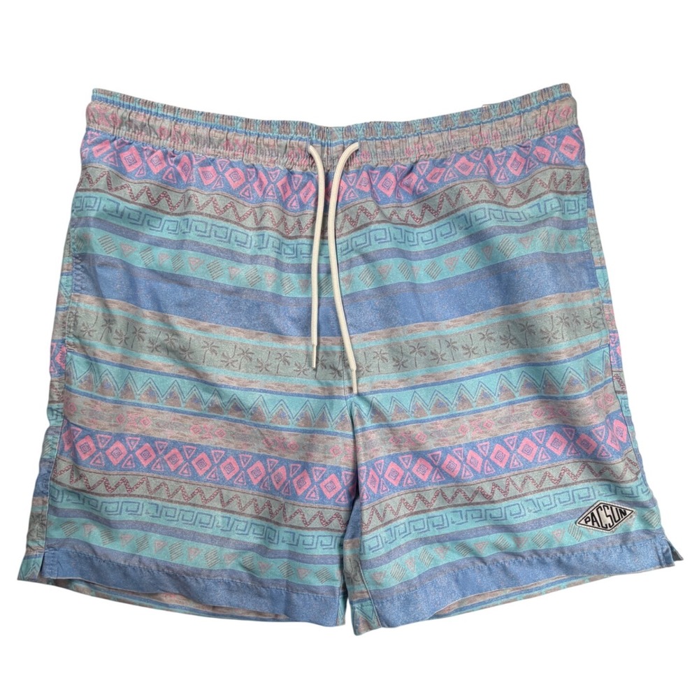 PacSun Mens Swim Trunks Blue Pink Tribal Geometric Palm Tree Board Shorts Size M